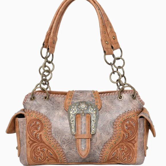 Montana West Cut-out Western Floral Buckle Satchel - Picture 1 of 15